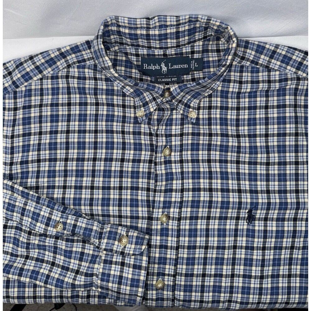 Ralph Lauren Mens L Blue & White Plaid‎ Long Sleeve Button Down Shirt